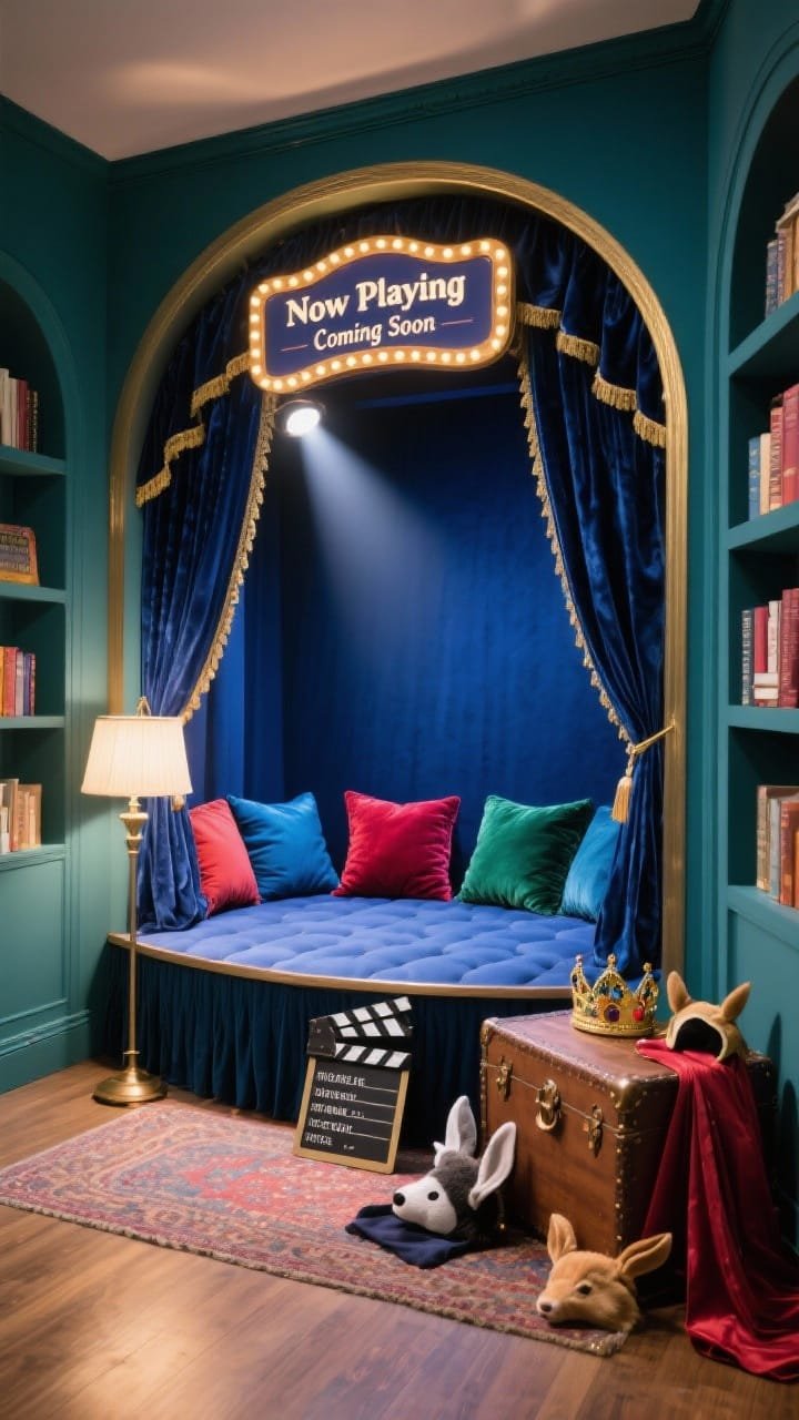 Wide shot of a storybook theater alcove: mini velvet curtains with gold trim framing the area, deep indigo backdrop, low riser/foam platform as stage seating with jewel-toned floor cushions in ruby, sapphire, and emerald, arched book ledges like a proscenium, spotlight-style floor lamp illuminating the &ldquo;Now Playing&rdquo; marquee and &ldquo;Coming Soon&rdquo; sign, trunk with simple props (crowns, capes, animal ears) nearby, clapboard sign for one-sentence book pitches; theatrical yet cozy, photorealistic, straight-on.