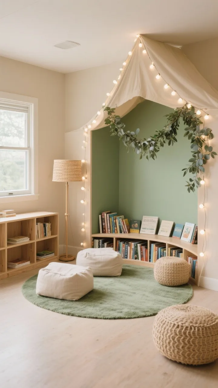 Wide shot, Soft Sand & Sage Reading Retreat: a serene classroom reading corner with warm sand beige walls and a sage green accent wall framing the area; rounded low beige bookcases and natural wood shelves; a cozy sage area rug anchoring the space; linen floor cushions and woven poufs around a low book display; a simple eucalyptus garland draped above the face-out book display; warm-white string lights tucked into the corner for a soft glow; a pale rattan standing lamp beside a neutral canopy tent creating a calming, photorealistic haven, no people.