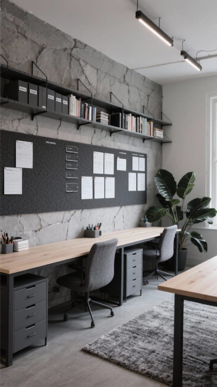 Wide shot, Stone & Charcoal Study Studio: stone gray walls, desks with slim charcoal frames and pale wood tops; matching charcoal cork boards organized with schedules; gray fabric drawer units for supplies; a long low bookcase along the back wall with subject tab dividers; textured gray area rug dampening sound; ZZ plants with dark green leaves; cool, focused lighting, photorealistic, no people.