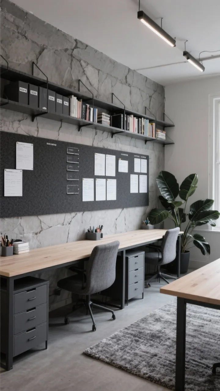 Wide shot, Stone & Charcoal Study Studio: stone gray walls, desks with slim charcoal frames and pale wood tops; matching charcoal cork boards organized with schedules; gray fabric drawer units for supplies; a long low bookcase along the back wall with subject tab dividers; textured gray area rug dampening sound; ZZ plants with dark green leaves; cool, focused lighting, photorealistic, no people.