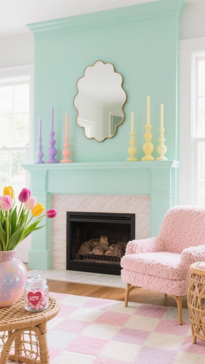 Wide, straight-on photorealistic room shot with playful pastels: over-mantel painted mint sorbet; mantel layered with pastel candlesticks—lavender, peach, butter yellow—at varied heights; glossy ceramic bubble vase filled with candy-colored tulips; scalloped-edge mirror above; checkered pastel rug, blush boucle chair, rattan side table; glass jar of conversation hearts on the mantel; bright, cheerful daylight.