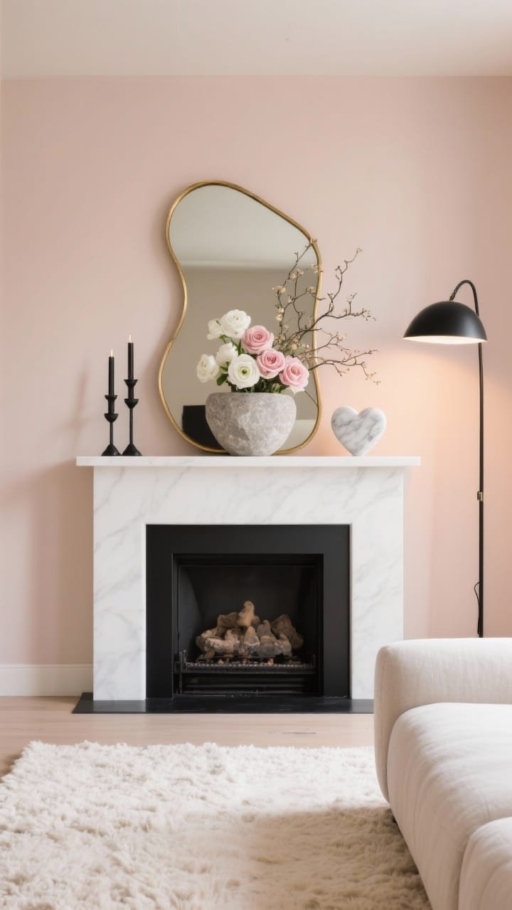 Wide, straight-on photorealistic shot of a modern living room mantel: crisp white mantel against a blush-beige wall, matte black fireplace surround; an oversized asymmetrical sculptural floral in a stone vessel (white ranunculus, blush roses, airy branches) centered; simple brass-framed mirror, two slender black candlesticks, a single marble heart object; cream wool rug under a low-profile linen sofa; blackened steel floor lamp to the side; warm lamplight softening the blush-beige and creating gentle shadows; clean, minimalist gallery feel.