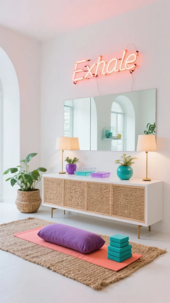 Wide studio shot with modern edge: Neon-edge boho studio in a bright white shell, a neon sign reading “Exhale” glowing above a cane-front console, jute rug and rattan planter for texture, color-pop props including a lilac bolster, teal yoga blocks, and a coral mat, frameless mirror wall amplifying space, acrylic trays and glossy planters on the console, palette of bright white, natural fiber, neon coral, teal, lilac, balanced lighting with neon plus warm task lamps, photorealistic, no people.