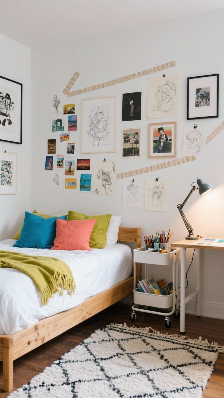 Wide wall-focused shot: Artistic studio wall in a dorm with a washi-tape collage of sketches, postcards, and prints forming a gallery. Base is calm: white bedding, natural wood bed frame. Pops of cobalt, coral, and chartreuse in pillows and a throw. A narrow rolling cart beside the bed holding art supplies and acting as a nightstand; an adjustable arm task lamp at the desk; clip lights highlighting the wall art. Cotton dhurrie rug adding pattern. Photorealistic, balanced task and ambient light.