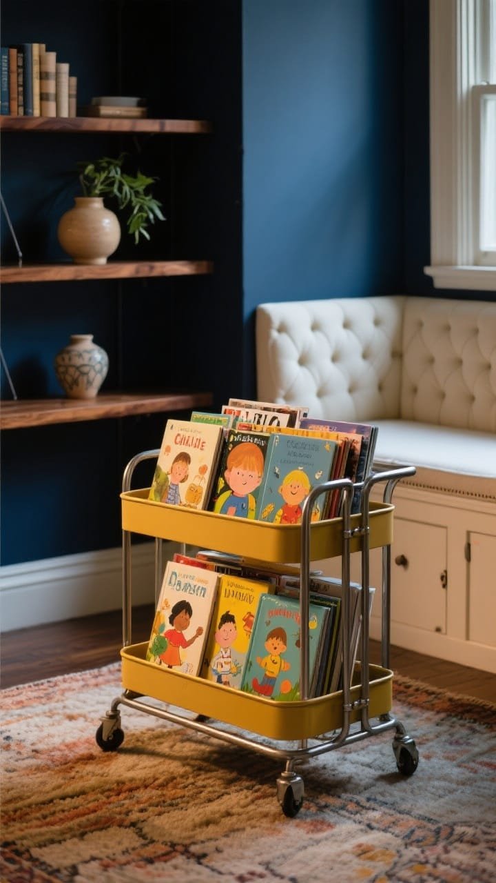 Closeup/detail &mdash; A vintage steel library cart in mustard positioned on a rug, loaded with face-out children&rsquo;s picture books on the top tier, magazines and current reads below. Behind it, a deep navy accent wall and the edge of a tufted window seat in cream with a hint of hinge-top storage line. Warm walnut shelving with a ceramic vase and a small plant softly out of focus. Cozy, evening glow with soft shadows, shallow depth of field, photorealistic textures of metal, fabric, and paper.