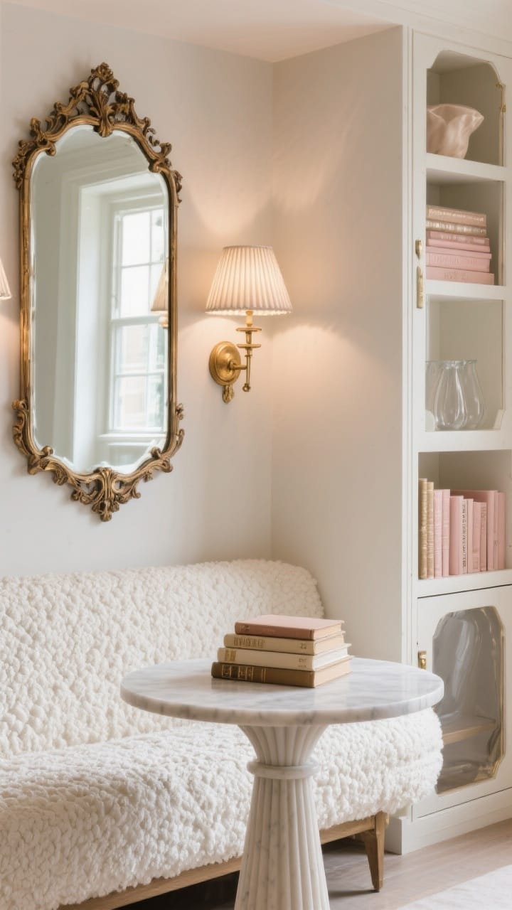 Closeup detail of a glam niche: wall-to-wall ivory boucle bench texture, fluted pedestal table surface with a small stack of books; large antique-style mirror reflecting soft light, creating glow; brass sconce with pleated silk shade; ribbed cabinet edge with tucked books; accents in blush, champagne, and smoke glass; luxe, polished lighting, intimate texture focus.