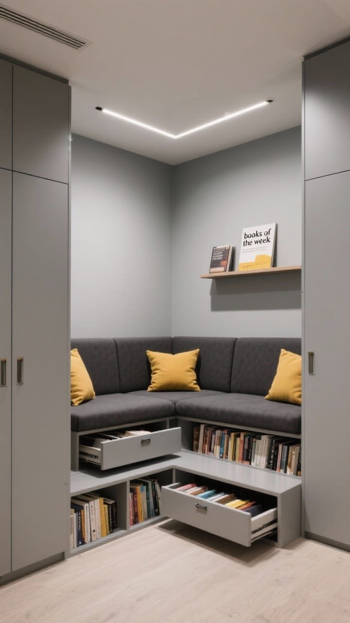 Corner-angle medium shot of a contemporary library nook: tiered platform seating with charcoal-upholstered tops; each step lifts to reveal hinged storage compartments for books; mustard pillows scattered; flanking tall closed cabinets and a single open display shelf for &ldquo;books of the week&rdquo;; linear LED overhead and soft gray wall backdrop; subtle finger-pull details visible, photorealistic.
