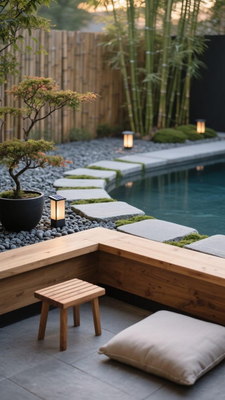 Detail closeup, late afternoon: A Japandi-inspired pea gravel ring with stepping stones around the pool, a slim cedar top rail casting a soft shadow. In frame: the texture of the gravel, the edge of a teak shower stool, and a neutral floor cushion. Background blur shows a low bamboo fence and clumping bamboo with a charcoal planter holding a Japanese maple. Solar path lights tucked into gravel suggest a gentle evening glow. Color palette: soft wood, charcoal, stone gray, moss. Photorealistic, shallow depth of field.