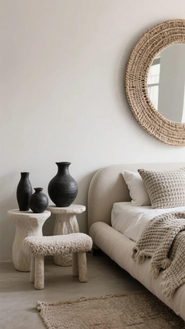 Detail closeup, low angle: Minimalist boho vignette featuring a greige palette with charcoal accents; the edge of a low, curved upholstered bed next to two sculptural plaster side tables; layered solid textured linens—waffle-knit throw, nubby pillows, and hint of a boucle bench; a large round woven mirror reflecting negative space; a small grouping of matte black clay vessels; diffused natural light emphasizing texture.