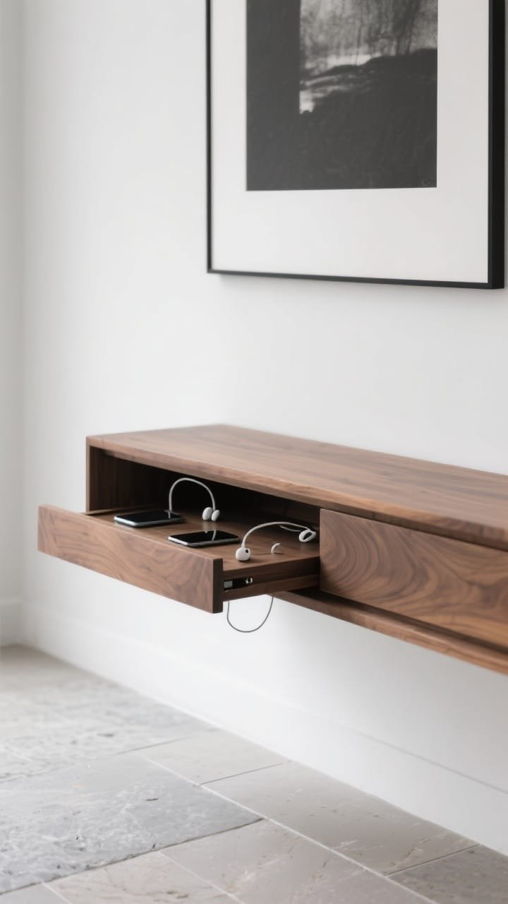 Detail closeup of a floating wall-mounted walnut storage bench with no visible hardware, showing the interior charging drawer partially open with cord cutouts managing phones and earbuds; pale stone floor beneath, crisp white wall with a single oversized black-and-white art print slightly blurred in the background; palette of walnut, soft stone, graphite, white; materials: walnut veneer, porcelain tile, matte black frame; serene, even ambient light for a minimal, Zen mood.