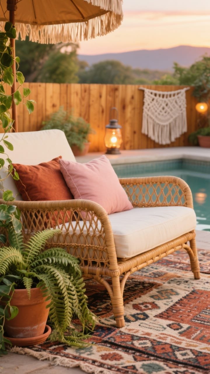 Detail closeup, warm sunset: Boho retreat textures&mdash;rattan lounge chair armrest and woven pattern sharply in focus, with layered patterned outdoor rugs beneath. In the mid-ground, terracotta pots overflow with draping pothos and ferns; earthy rust and blush pillows on the chair. Background shows a honey-toned wood pool skirt, a macram&eacute; wall hanging on the fence, soft solar lantern glow, and a fringe-trim umbrella edge. Color palette: honey wood, rust, blush, cream, lush green. Photorealistic, shallow depth of field.