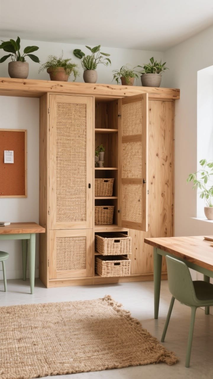 Detail-focused medium shot of earthy modern cabinetry: base cabinets with woven cane door fronts framed in light oak, doors slightly ajar to reveal basket drawers inside; a continuous oak ledge above lined with low-maintenance plants in matte ceramic pots; nearby desks with oak tops and muted sage legs; jute rug texture and terracotta pinboards visible; soft natural daylight, organic and refined, photorealistic.