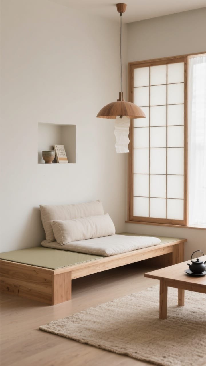 Detail/medium hybrid: Japandi tatami-style platform in light oak/ash with a linen floor cushion and backrest bolsters; slim shoji-inspired screen softly filtering daylight; small wall niche holding a single ceramic cup and a favorite book; paper-and-wood pendant lamp above, charcoal tea set, soft sand-colored rug; serene, meditative composition, clean lines, side angle.