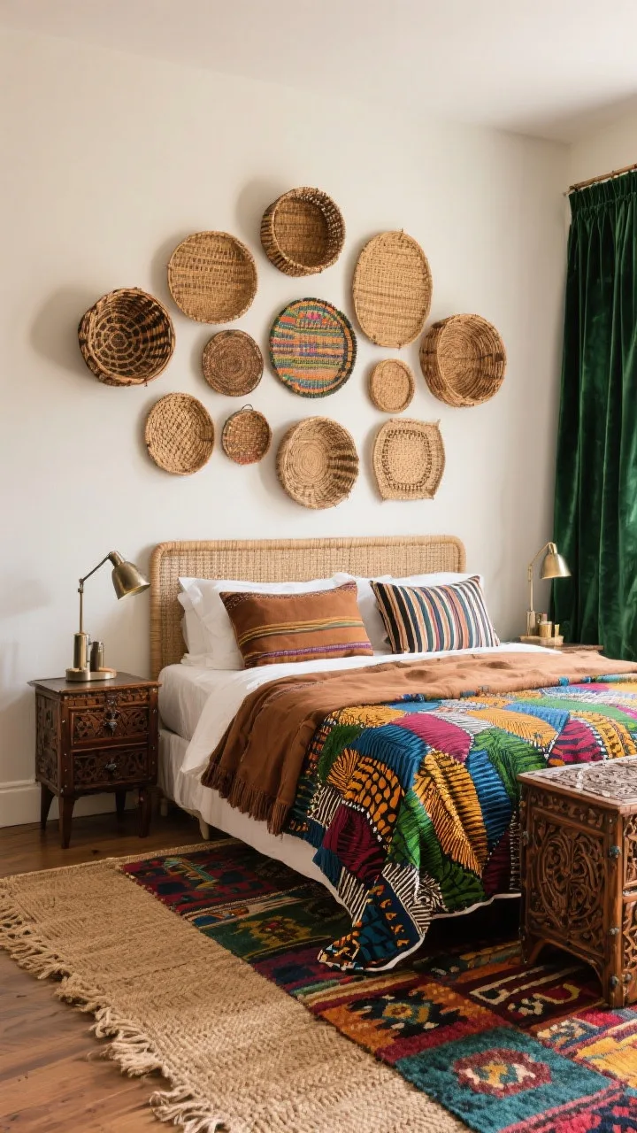 Detail shot, wall-focused: Basket gallery wall above the headboard with varying sizes and weaves; below, a bed layered in a bold Ankara-print duvet flanked by mud cloth and striped pillows; layered rug moment on the floor—jute base with a colorful kilim atop; a carved chest repurposed as a nightstand with mixed metal lamps; glimpse of emerald velvet curtains at the edge; lively, maximalist mood with balanced neutral wall.