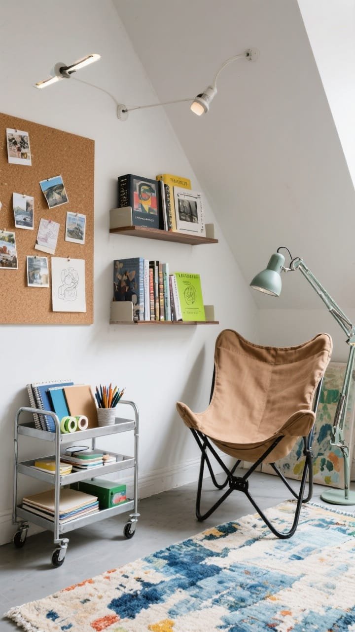 Medium art studio reading wall: canvas sling chair beside floating shelves holding art books and sketchpads; rolling metal cart stocked with pens, washi tape, journals; painterly rug underfoot; clip-on gallery lights highlighting book covers; cork pinboard layered with postcards; color palette of stone, clay, denim with a pop of chartreuse; creative, functional vibe, angled perspective.