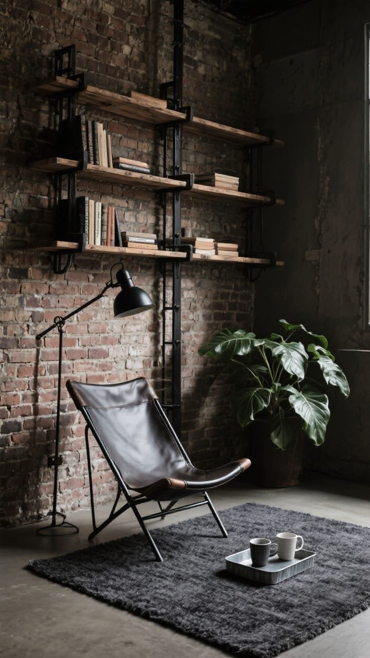 Medium corner angle of an industrial loft perch: exposed brick wall, blackened steel laddered wall-mounted bookcase climbing high, weathered wood details; low leather sling chair with steel frame; matte black pivoting task sconce aimed at the chair; charcoal wool rug, galvanized tray with mugs, and a big leafy plant softening edges; earthy restrained palette, moody indirect light.