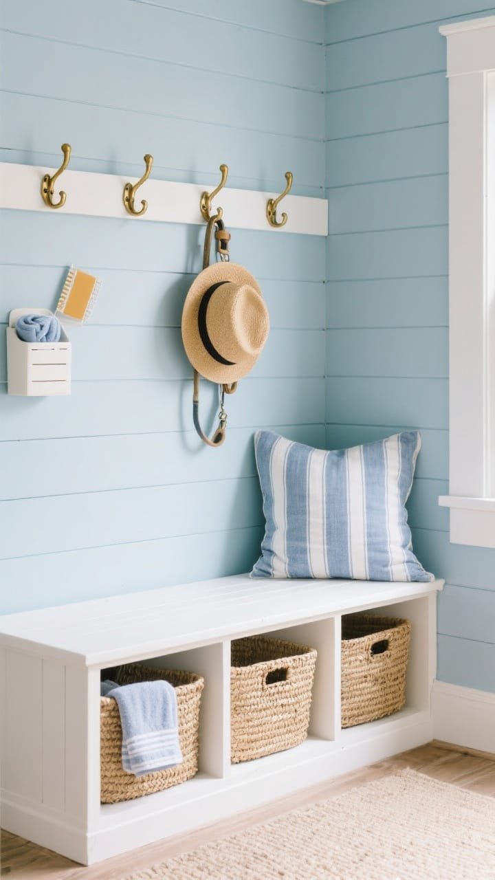 Medium corner-angle shot of a coastal cottage mudroom: painted misty blue beadboard wall with a white shaker storage bench featuring three lidded cubbies, woven seagrass baskets partially pulled out, a striped chambray cushion on top; brass hooks above holding a sunhat and dog leash; palette of mist blue, white, sand, warm brass; soft coastal daylight; materials: beadboard, cotton ticking stripe, seagrass; include a small sunscreen caddy and rolled microfiber towel in a cubby.