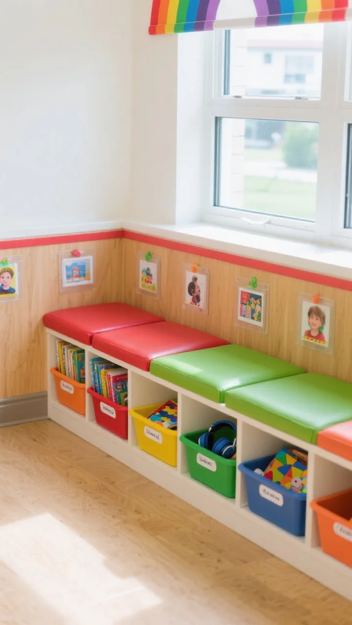 Medium, kid-height view of a playful primary classroom nook: a low storage bench running under a sunny window, rainbow-accent trim and color-coded cubbies with picture tags; wipeable vinyl cushions in cherry red and grass green on top; white and maple grounding the palette; bright, cheerful natural light; materials: maple laminate, vinyl cushions, acrylic picture tags; include visible bins labeled for books, puzzles, and headphones while keeping visual clutter minimal and edges softly rounded.