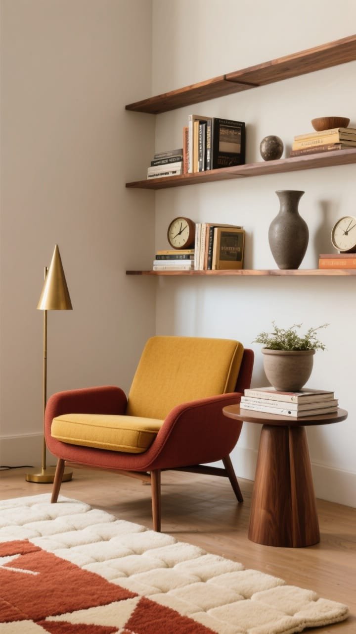 Medium mid-century lounge: low-slung wallet-arm lounge chair in mustard or rust, tapered-leg walnut side table; offset narrow walnut shelves in an asymmetrical grid with books and objects; geometric tufted rug in cream and rust; brushed brass cone floor lamp; ceramic ash-tone planter; curated accessories&mdash;a vintage clock, sculptural vase, neat stack of paperbacks; warm, retro-cool mood, corner view.