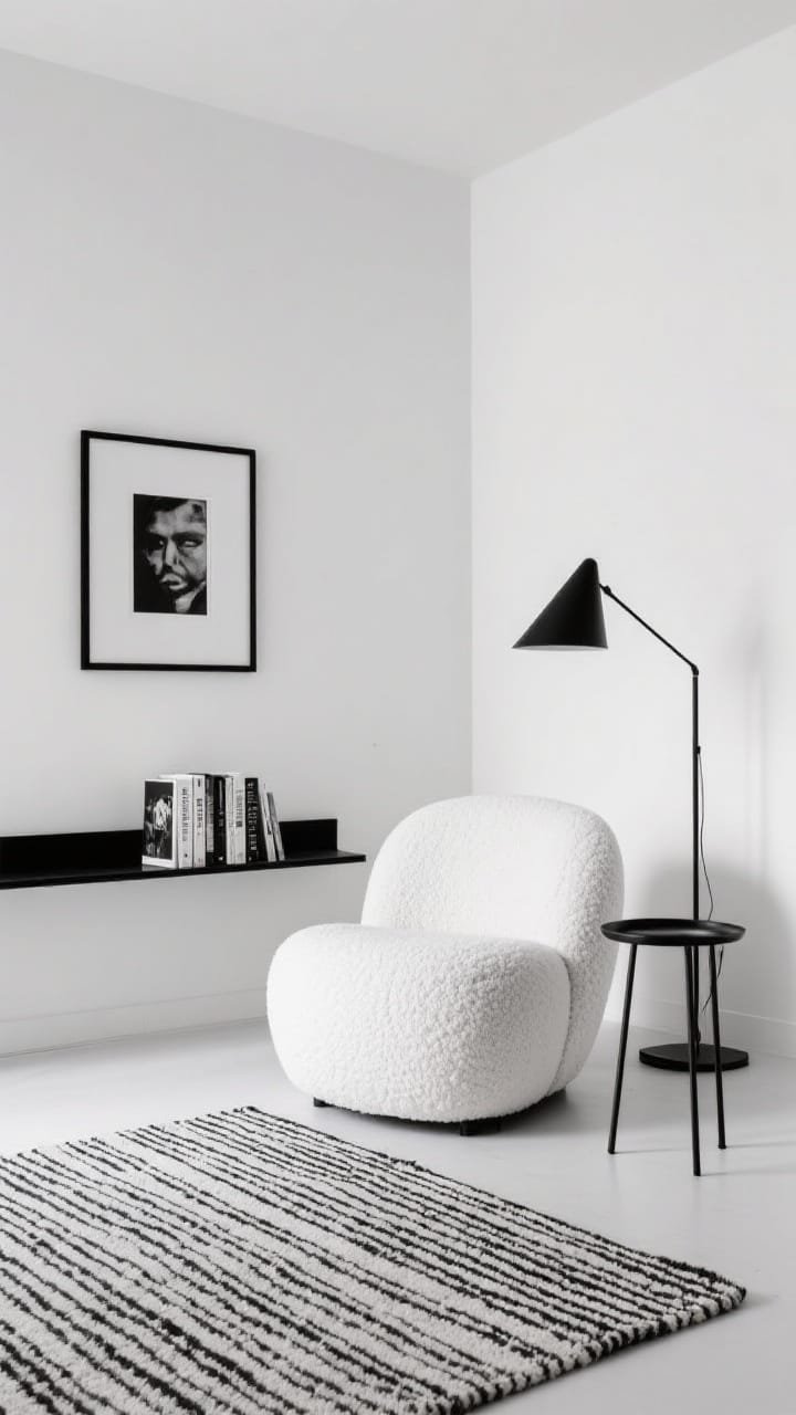 Medium, minimalist monochrome corner: sculptural accent chair (boucle barrel or angular lounge) in snow white beside a slim black metal side table; black-and-white palette with a single black picture ledge holding art books; framed monochrome print above; cone-shade floor lamp; flat-weave rug in subtle stripes; crisp, graphic, architectural feel; photographed straight-on with soft diffused light.