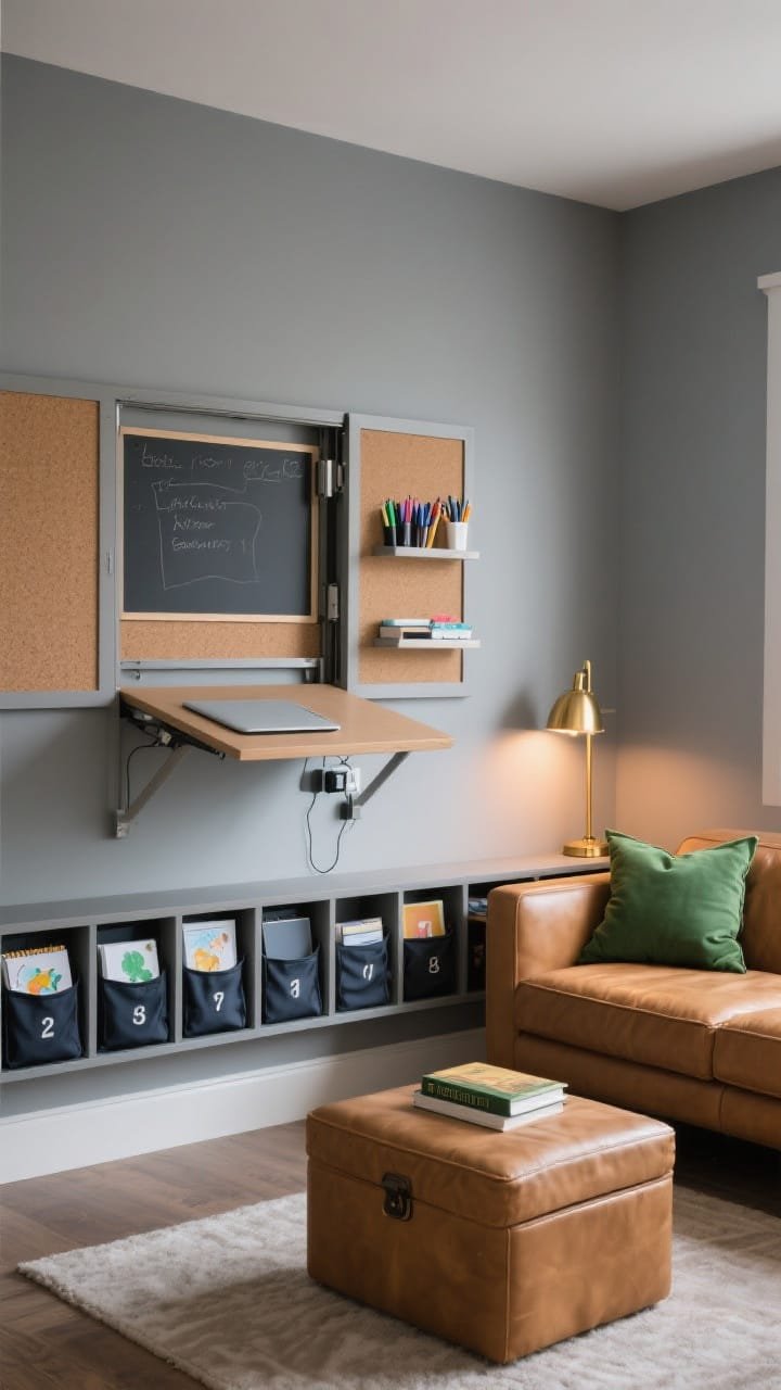 Medium shot &mdash; A homework lounge corner: a soft gray wall with a fold-down murphy desk opened to reveal cork and dry-erase panels plus mini shelves stocked with pens and supplies. Below, a row of numbered cubbies housing laptop sleeves, art pads, and chargers. Opposite, a plush camel-leather loveseat with a lidded storage ottoman nearby, brass-accent task lamp casting a warm glow. Forest green accent book or pillow. Evening ambient light plus lamp glow, angled view from the corner.