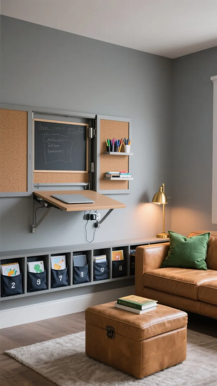 Medium shot — A homework lounge corner: a soft gray wall with a fold-down murphy desk opened to reveal cork and dry-erase panels plus mini shelves stocked with pens and supplies. Below, a row of numbered cubbies housing laptop sleeves, art pads, and chargers. Opposite, a plush camel-leather loveseat with a lidded storage ottoman nearby, brass-accent task lamp casting a warm glow. Forest green accent book or pillow. Evening ambient light plus lamp glow, angled view from the corner.