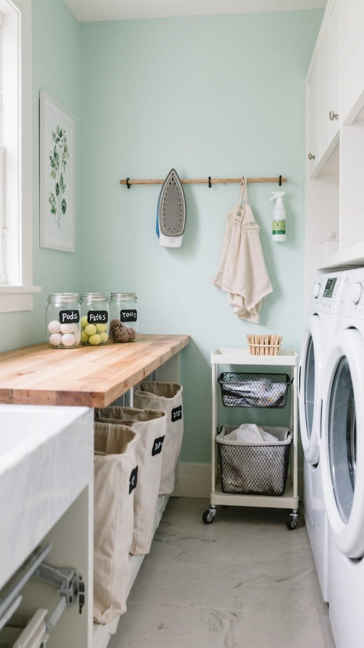 Medium shot &mdash; A laundry lab vignette: a counter-height run of pull-out hampers under a warm butcher-block folding surface, with three glass jars on top labeled for pods, dryer balls, and stain sticks. To the side, a narrow rolling cart between machines holding mesh bags, delicates, and clothespins. Pegged wall rails neatly hang an ironing board and spray bottle; a small botanical print adds charm. Pale mint walls, white appliances, black labels. Clean, diffuse daylight, straight-on angle.