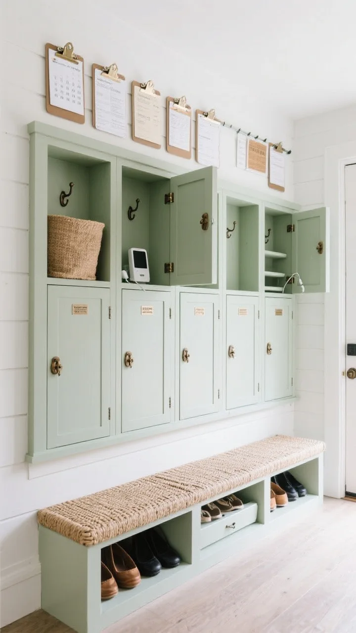 Medium shot — An entryway command center styled with soft sage shaker-style cubby lockers spanning the wall, each locker open to reveal hooks, a small charging shelf with a device, and a fabric bin up top. In front, a long woven-seat bench with integrated pull-out shoe drawers partially open. Above, a rail of clipboards holding calendars and menus. White walls, natural jute textures, oiled bronze hardware. Clean, crisp lighting, straight-on perspective for order and symmetry, no people.