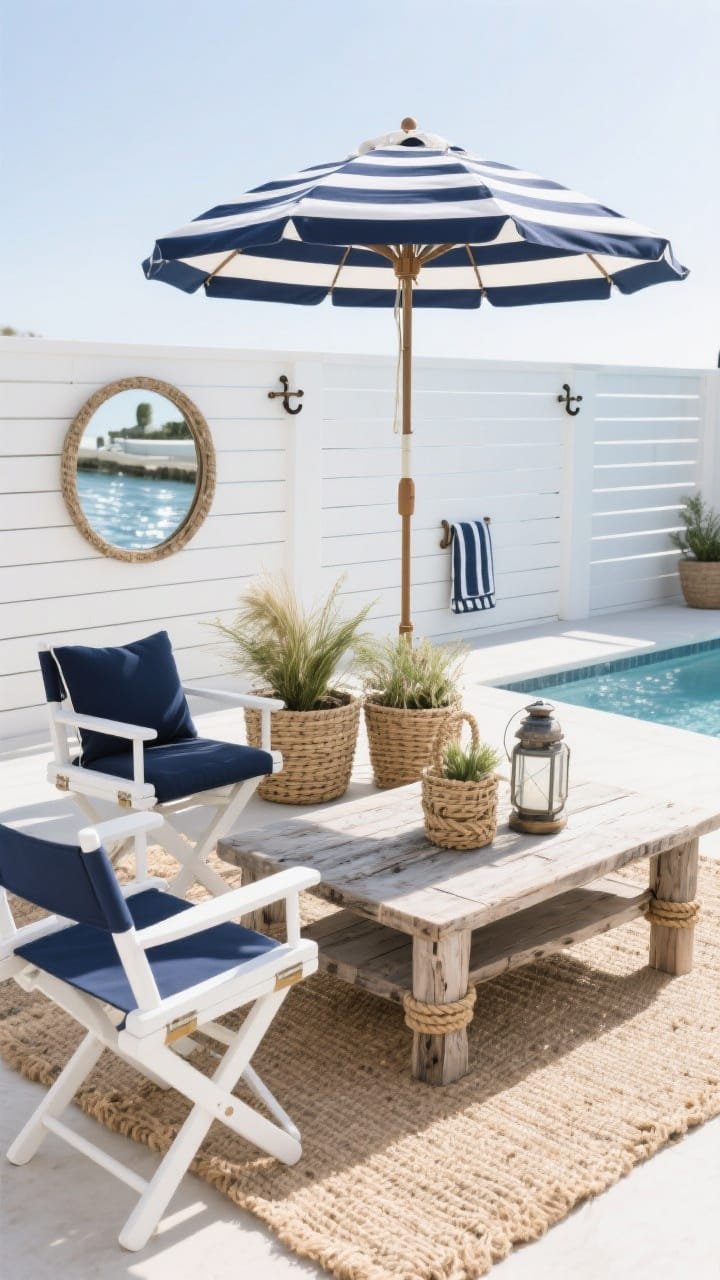 Medium shot, breezy daylight: A modern coastal setup with crisp white horizontal slats wrapping the pool and a navy-and-white striped umbrella centered above a weathered wood coffee table. White director&rsquo;s chairs with navy cushions sit on a large jute-look outdoor rug. Rope-wrapped lantern and woven basket planters add texture; nautical cleats serve as towel hooks. A round mirror on the fence reflects water shimmer. Color palette: white, navy, driftwood, seagrass. Photorealistic, straight-on.