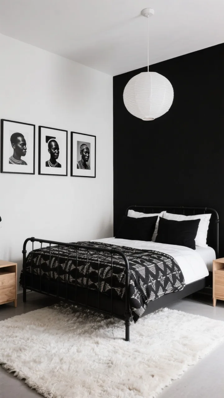 Medium shot, corner angle: A monochrome bedroom with one satin-black focal wall and a matte black metal bed with slender legs; bedding features a crisp mud cloth–inspired duvet and graphic black-and-ivory pillows; light oak side tables and a plush ivory rug balance the contrast; a trio of black-and-white African portrait photographs in thin black frames on the wall; a sculptural white paper lantern overhead softening the scene; high-contrast, modern mood, no people.