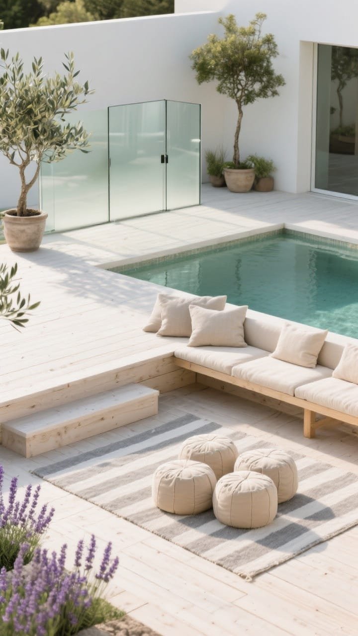 Medium shot, daytime: A serene Scandinavian platform deck in pale whitewashed pine encircling an above-ground pool, with a built-in bench topped in oatmeal linen cushions and a cluster of beige poufs. Frosted glass rail panels provide airy safety; potted olive trees and lavender frame the edges. A neutral striped outdoor rug defines the lounge zone. Color palette: blonde wood, stone gray, linen neutrals, silvery green. Photorealistic, corner angle.