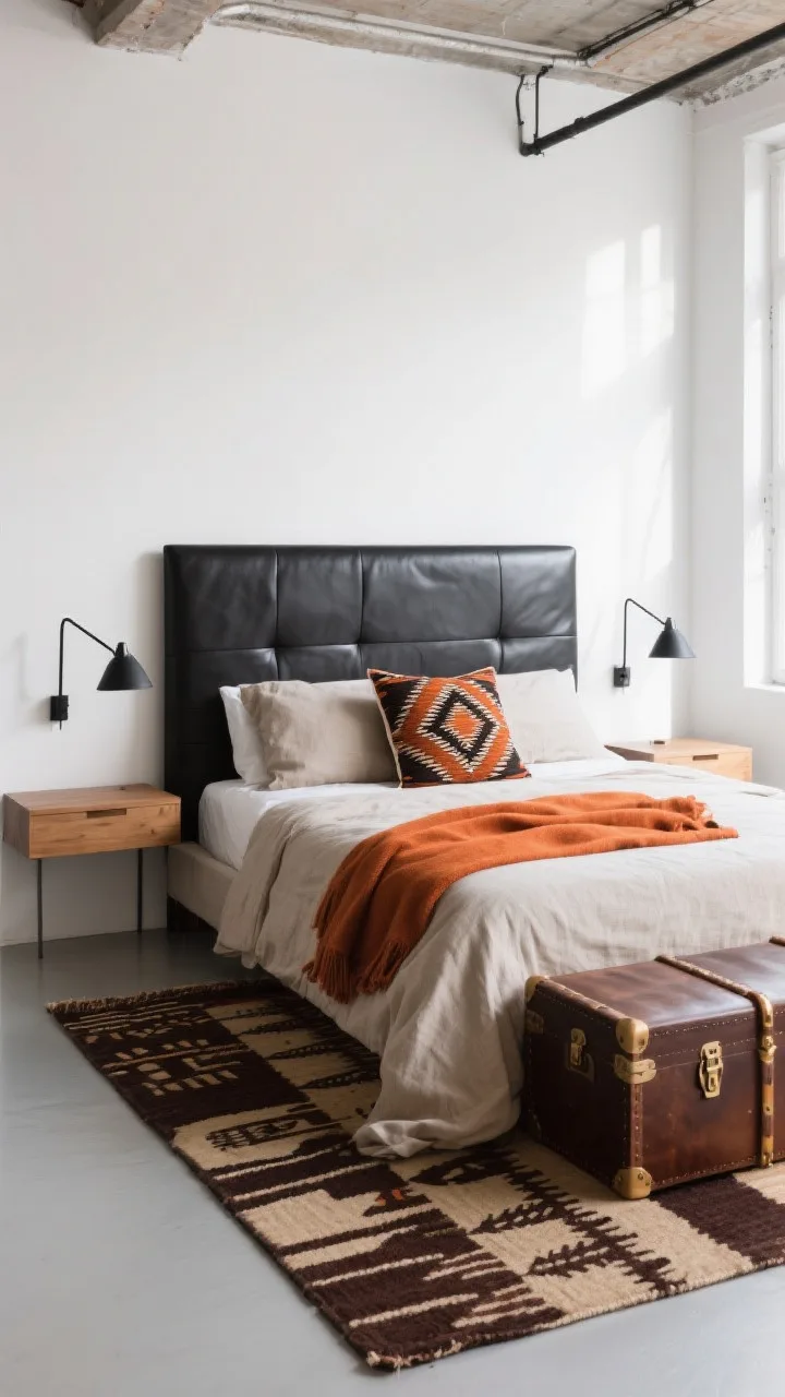 Medium shot, loft angle: Urban-meets-earthy setup with crisp white walls and a black leather headboard; hero Kuba cloth–patterned area rug in espresso and sand anchoring the bed; slim floating oak nightstands with matte black swing-arm lights; flax linen bedding with a burned orange throw and bold Kuba lumbar pillow; trunk-style leather bench at the foot for storage and swagger; bright, indirect daylight.