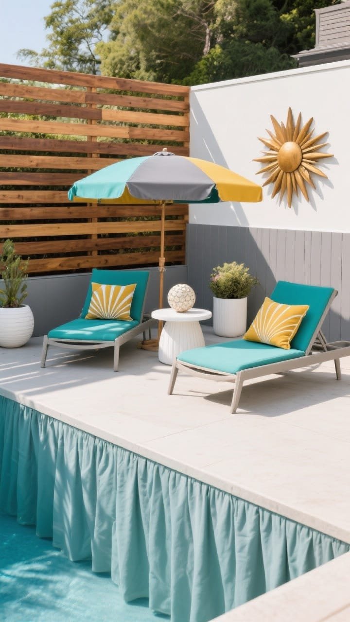 Medium shot, midday: Mid-century mod vibe with horizontal cedar screens behind a pool skirt painted soft gray. Retro shell loungers in teal and mustard face a round white side table; geometric outdoor pillows add pop. Sunburst wall art decorates the fence; orb and cylinder planters neatly anchor the corners. A tri-tone umbrella ties gray, teak, teal, mustard, and white together. Photorealistic, corner perspective.