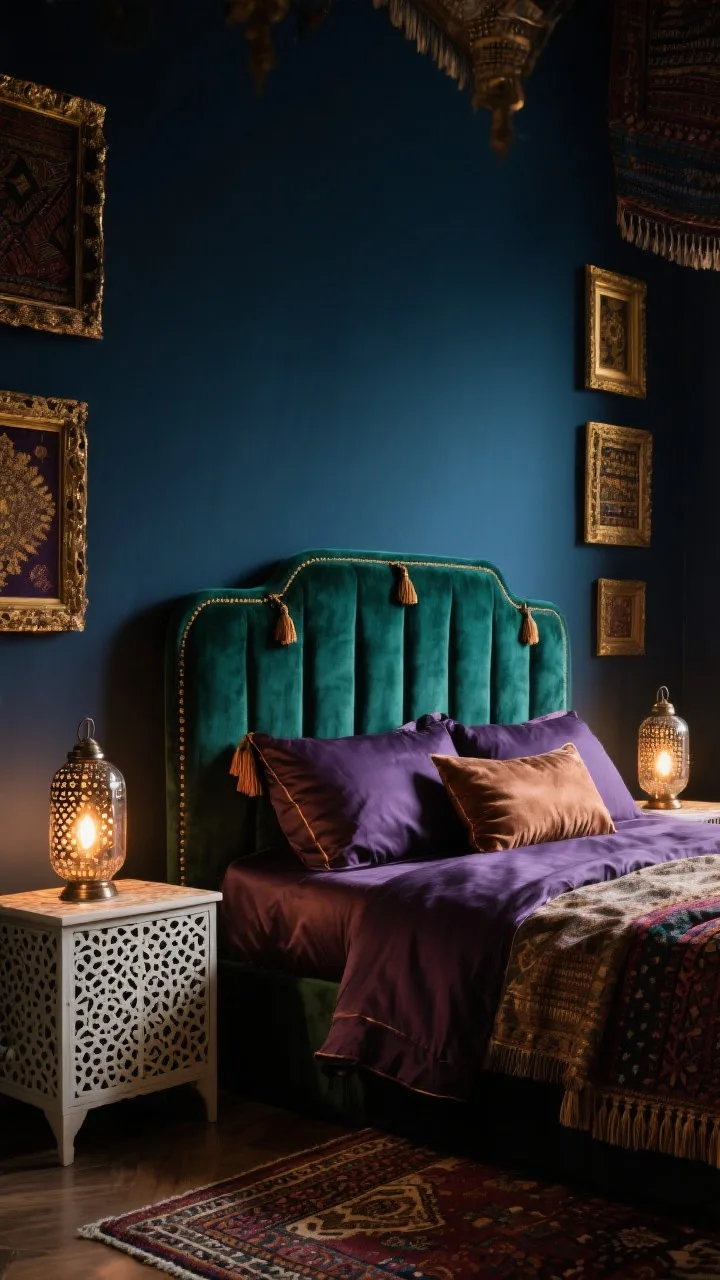 Medium shot, moody glamour: Night market–inspired room with deep aubergine (or inky teal) walls; emerald velvet headboard and satin-trimmed bedding with bronze tassel pillows; layered low, warm lighting—perforated metal lanterns casting patterned glow, smoked glass lamps, warm Edison bulbs; bone inlay nightstand, patterned kilim rug; narrow gallery of gold-framed textiles along the wall; rich, opulent evening ambiance.