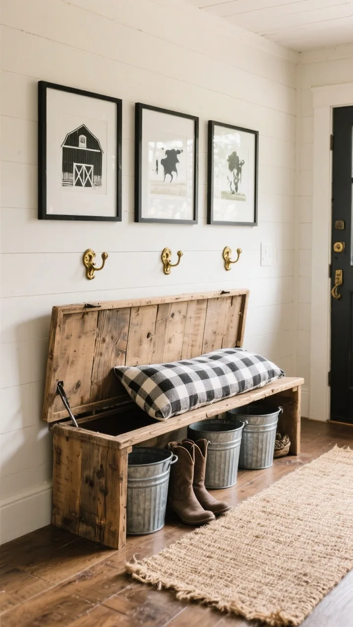 Medium shot of a farmhouse fresh foyer: weathered pine bench with lift-top storage slightly ajar, a buffalo-check cushion on top; trio of black-framed barn prints above; vintage brass hooks along the wall; galvanized steel bins corralling boots beside the bench; jute runner on the floor; palette of pine, cream, charcoal, warm brass; warm, welcoming daylight; textures: solid pine grain, cotton check, rough jute, galvanized metal.
