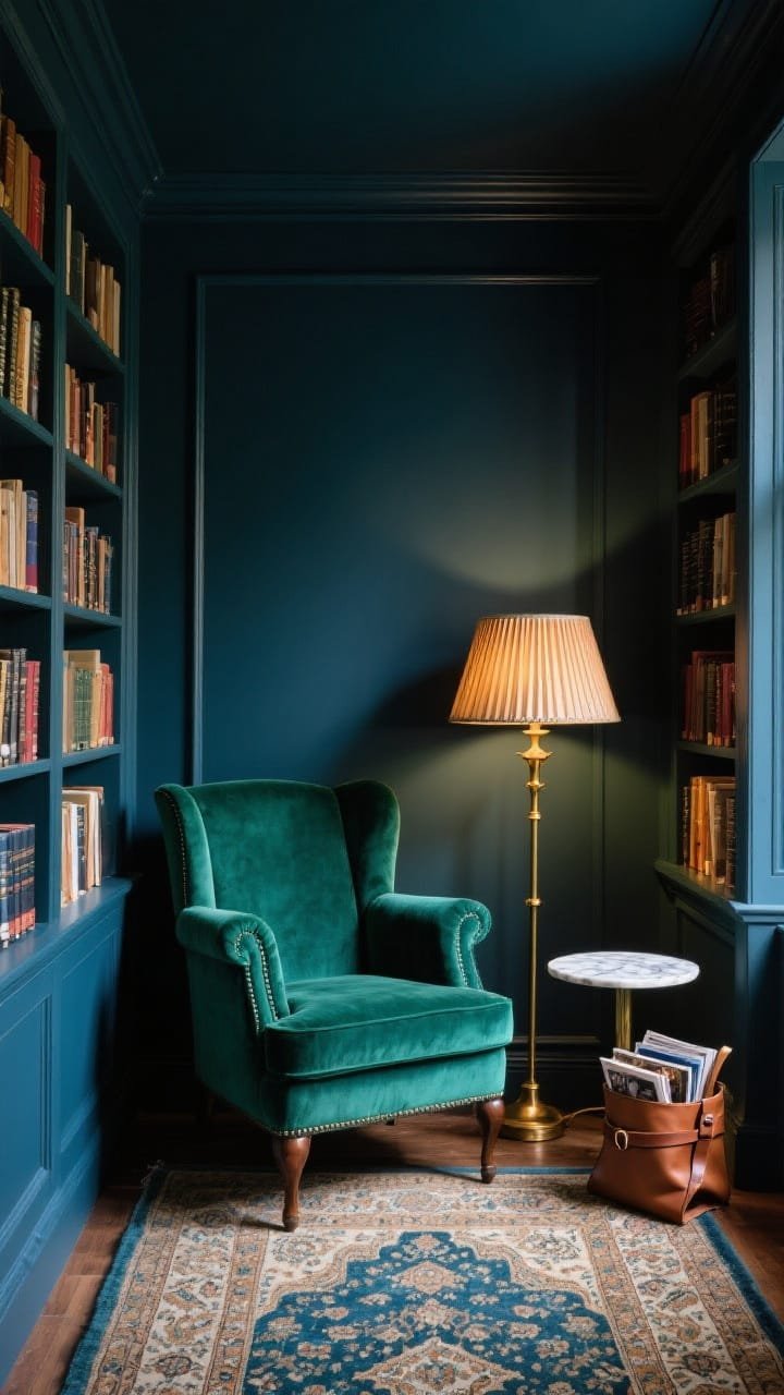 Medium shot of a moody library alcove painted in inky blue/forest green/charcoal, floor-to-ceiling narrow built-in shelves filled with hardbacks; a jewel-tone velvet wingback chair in emerald or sapphire centered on a vintage-style Persian rug; petite brass floor lamp with a pleated shade casting warm honeyed light; leather strap magazine rack and a small marble-topped side table; corner angle, cozy clubby atmosphere.
