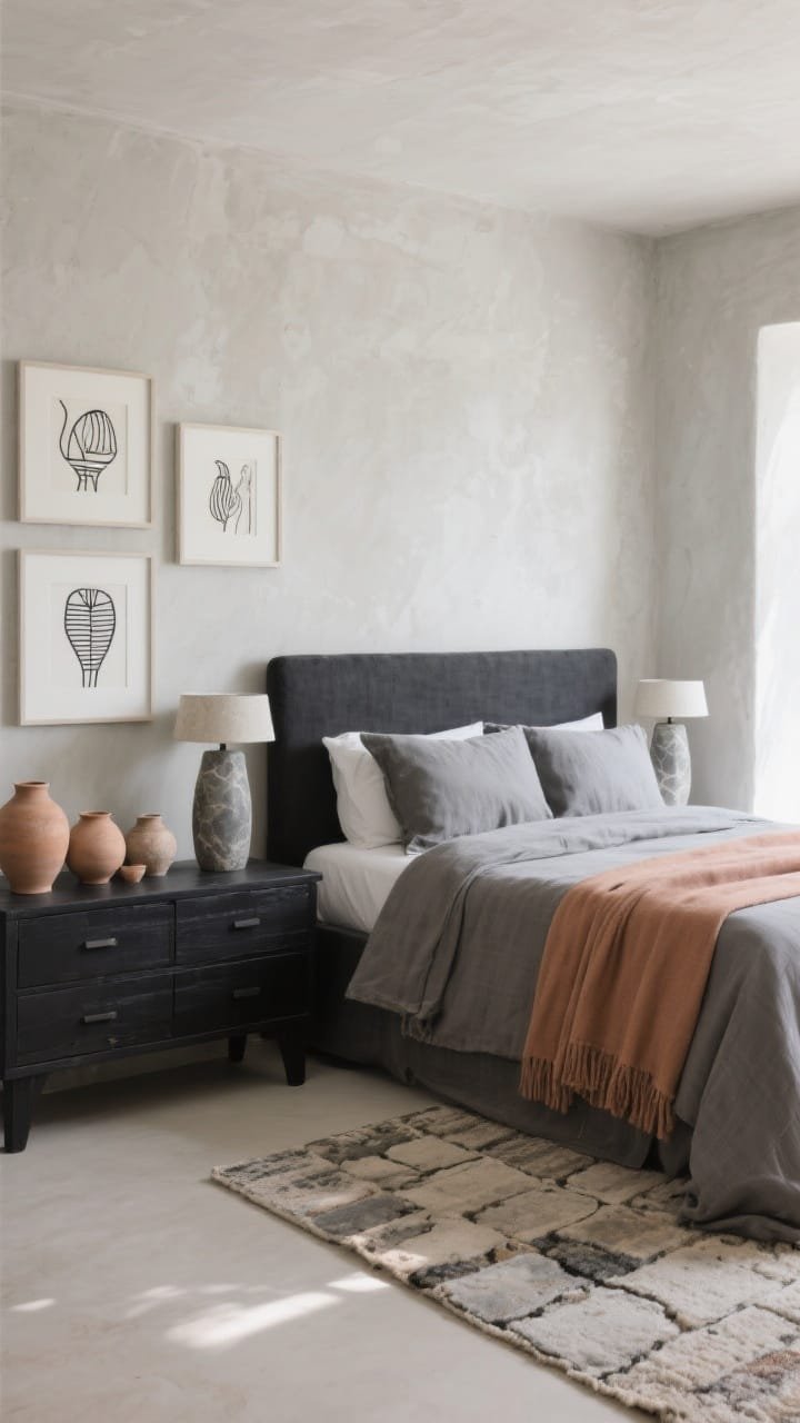 Medium shot, serene straight-on: Stone, clay, and charcoal retreat with pale stone gray limewash walls; charcoal linen headboard and bed layered in grays with a clay-toned throw; stonewashed rug softening the floor; blackened wood dresser topped with soapstone-style lamps; minimal line art inspired by African forms in off-white mats; a cluster of unglazed pottery on the dresser; calm, gallery-like natural light.