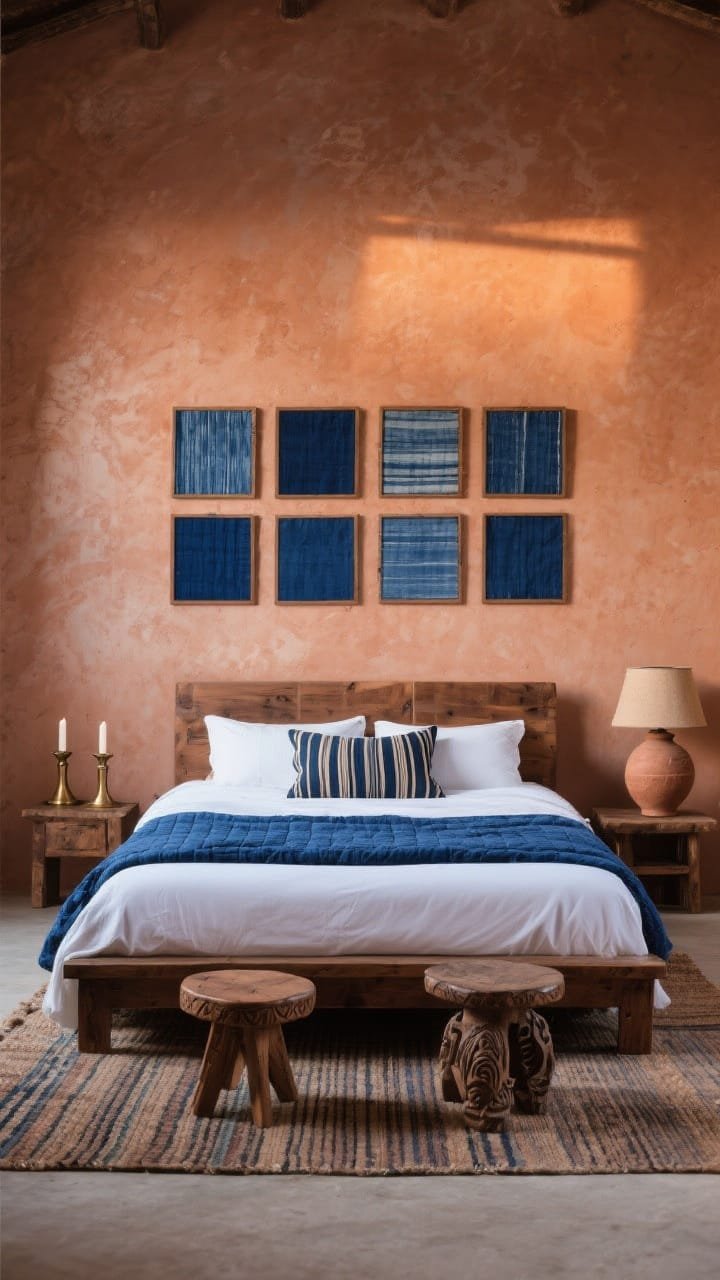 Medium shot, straight-on: Terra and indigo palette with a textured limewash terracotta wall behind a teak bed in crisp white sheets; indigo quilt folded at the foot and stacked mud cloth pillows; striped flatweave rug grounding the space; carved stool-style side tables; a grid of indigo-dyed cloth panels in sleek frames on the wall; bronze candleholders and a chunky clay table lamp adding warmth; soft evening light.