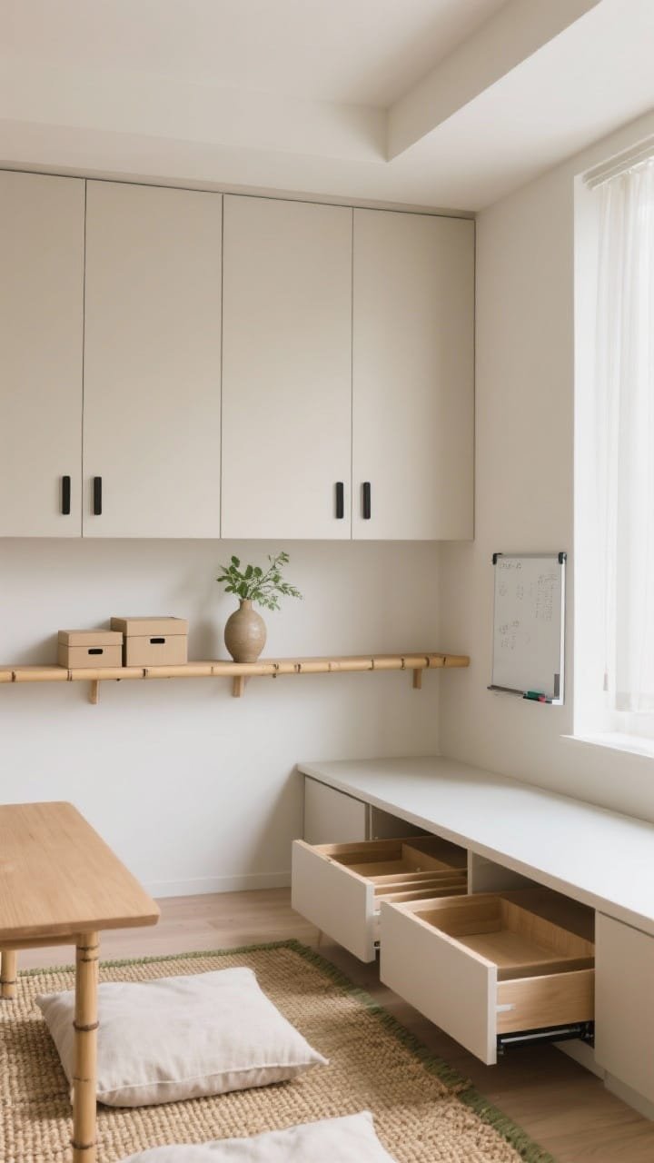 Minimalist detail/medium shot of a Japandi classroom corner: low-profile matte putty cabinetry with slim black pulls; light bamboo shelf holding only a few curated boxes and a single ceramic vase with greenery; woven-look rug in tatami-inspired straw tones; pull-out under-table trays partially visible; linen floor cushions and a narrow whiteboard shelf; serene, breathable atmosphere with diffuse natural light, photorealistic.