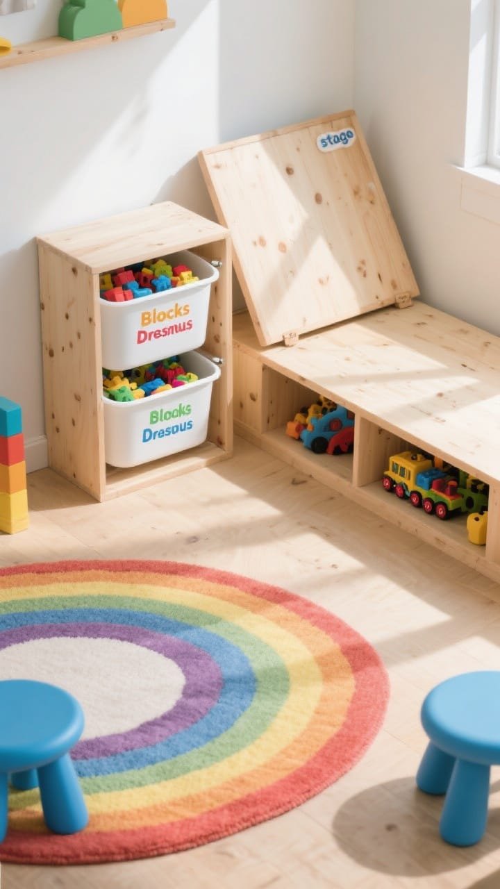 Overhead/detail shot &mdash; A playroom storage focus: two stacked white bin towers with colorful pull-out tubs, each tub labeled by category (blocks, dress-up, trains). Nearby, the hinged lid of a low platform &ldquo;stage&rdquo; slightly open to reveal bulky toys inside. A sunny rug with rainbow accents and a glimpse of sky blue stools. Natural pine details. Bright, cheerful daylight, top-down perspective highlighting category-first organization.