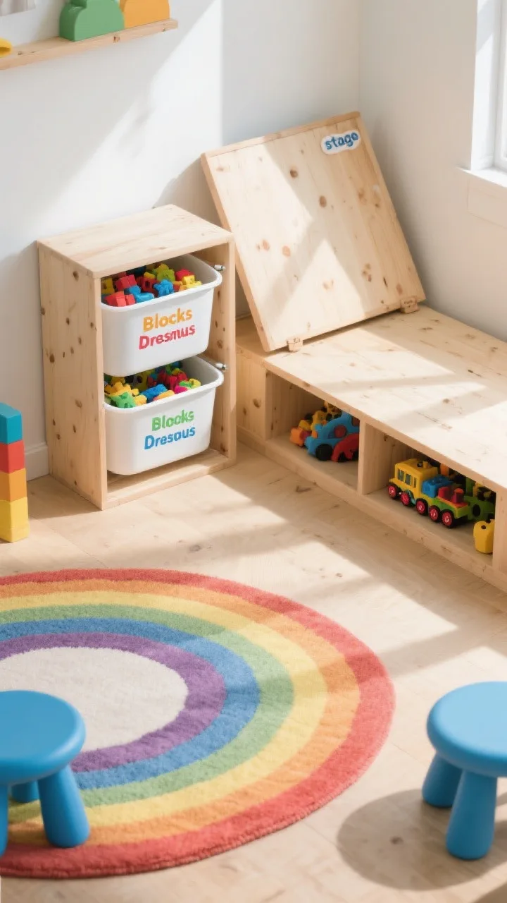 Overhead/detail shot — A playroom storage focus: two stacked white bin towers with colorful pull-out tubs, each tub labeled by category (blocks, dress-up, trains). Nearby, the hinged lid of a low platform “stage” slightly open to reveal bulky toys inside. A sunny rug with rainbow accents and a glimpse of sky blue stools. Natural pine details. Bright, cheerful daylight, top-down perspective highlighting category-first organization.