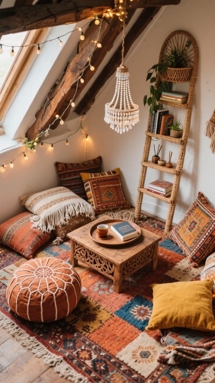 Overhead detail shot of a boho attic nook floor nest: layered floor cushions, a low Moroccan pouf, carved-wood tray table with tea and a paperback; Kilim pillows, fringed throws, and a patchwork rug in terracotta, mustard, indigo, and warm wood tones; fairy lights strung along visible rafters and a beaded chandelier glinting softly; rattan shelf ladder with plants, incense, and paperbacks; intimate, textile-rich texture focus.