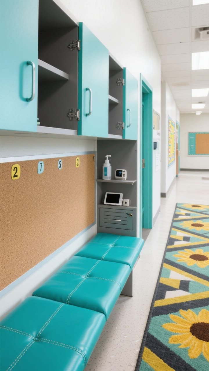 Overhead detail shot of a cheerful homework-ready classroom entry bench surface: durable teal faux-leather pads with subtle stitched seams; numbered cubby fronts and powder-coated handles partially in frame; nearby corridor edge showing a bold geometric rug runner and a cork board strip; palette of teal, sunflower, graphite, white; bright, functional school lighting; materials: laminate, faux leather, powder-coated metal, cork; include hints of lockable drawers for devices and sanitizer on a side shelf.