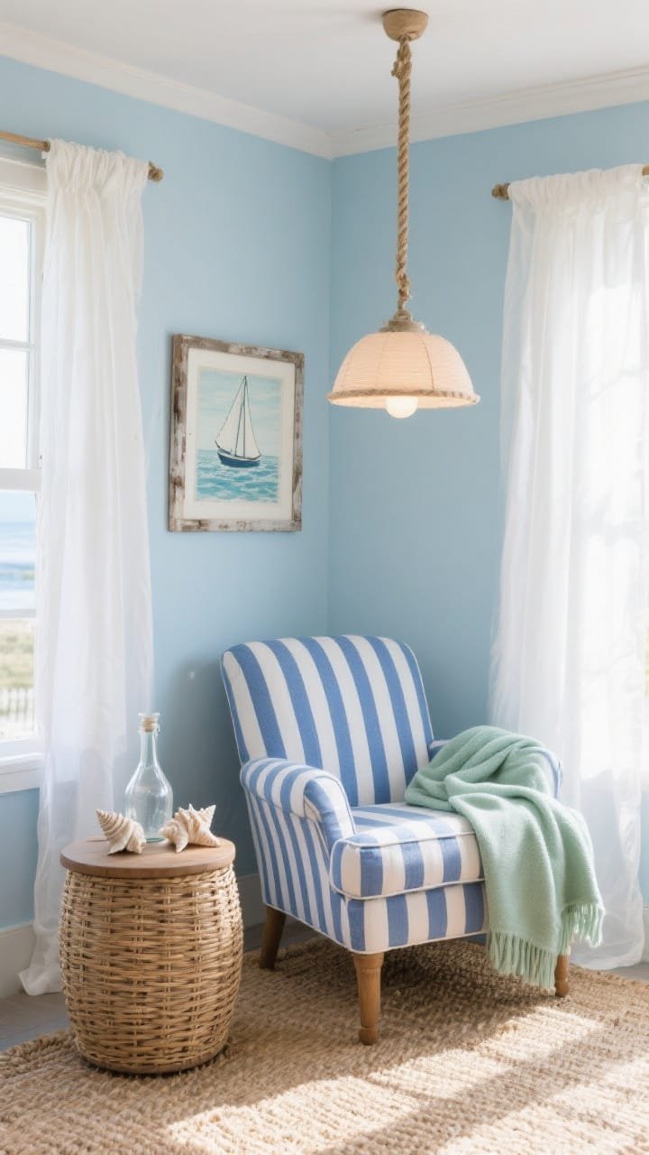 Photorealistic coastal nook, wide shot: soft sky-blue walls, blue-and-white striped ticking armchair, wicker drum side table with seashells and a glass carafe; white linen curtains billowing slightly, natural sisal rug, rope pendant light overhead casting a warm coastal glow; nautical print framed in weathered wood; add a folded seafoam green throw on the armchair; bright, breezy daylight with gentle shadows; straight-on room view.