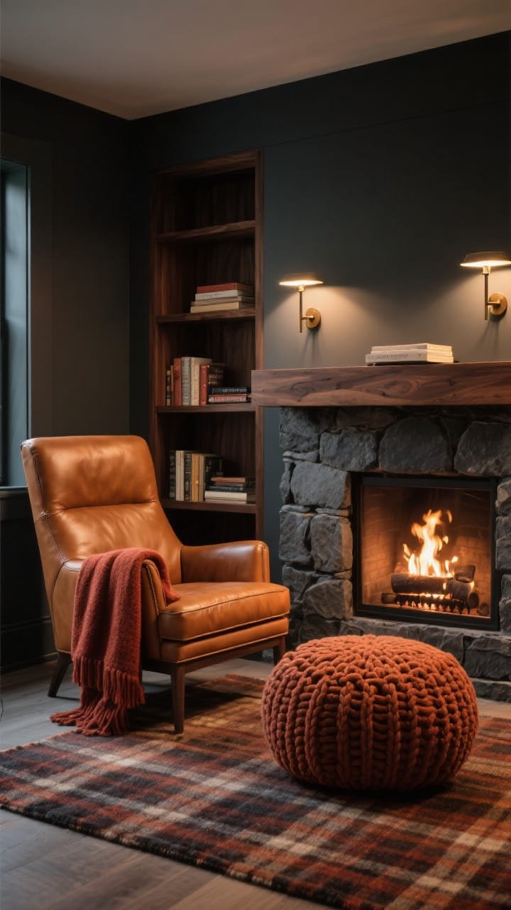Photorealistic hearth nook, medium shot: cognac leather club chair angled toward a stone fireplace, low chunky knit pouf in front, rust-hued wool throw draped over the chair arm; double-arm sconce mounted on the mantel illuminating the reading spot; slim walnut bookshelf nearby and a classic plaid rug grounding the area; palette cognac, charcoal, rust, walnut; cozy evening glow from fire and sconce; three-quarter view.