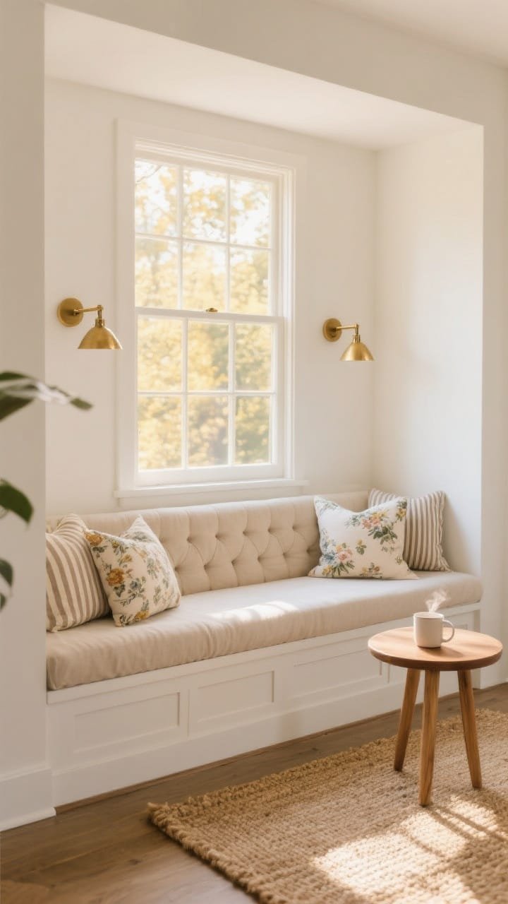 Photorealistic medium shot of a sun-drenched window nook: a custom white built-in bench beneath a large picture window, topped with a thick oatmeal linen tufted cushion and an artful mix of striped and floral pillows; warm jute rug underfoot, petite round oak side table with a steaming mug; paired slim brass swing-arm sconces flanking the window casting a warm golden-hour glow; palette of soft whites, oatmeal, and brass, materials linen, jute, warm oak; straight-on perspective capturing soft natural daylight.