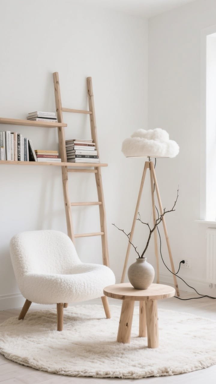 Photorealistic medium shot of Scandinavian minimal cozy corner: crisp white walls, bleached oak ladder shelf neatly stacked with books, curved cloud-white boucl&eacute; lounge chair, tripod floor lamp with a linen shade diffusing soft light; pale wool rug and round birch side table; a single stoneware vase holding one branch; airy, uncluttered feel with cords hidden; straight-on, bright natural daylight.