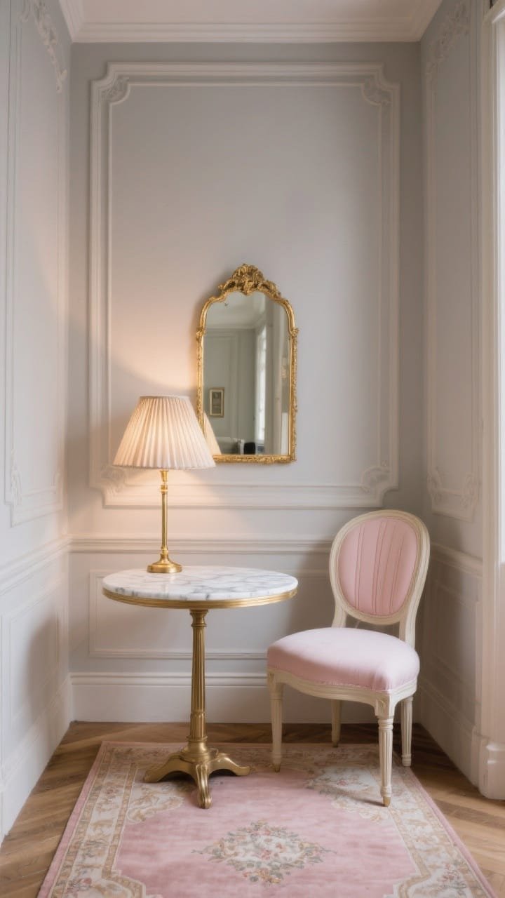 Photorealistic Parisian chic alcove, medium shot: soft greige walls with subtle picture-frame molding; fluted accent chair in blush (or cream) beside a petite marble-topped bistro table with slender legs; gilded mirror reflecting light, slim brass lamp with a pleated silk shade casting a warm glow; vintage-style rug in faded rose underfoot; palette greige, blush, antique gold; refined, softly lit elegance; straight-on symmetrical composition.