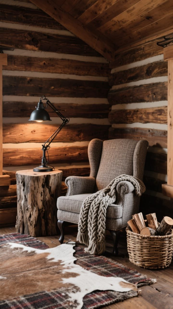 Photorealistic rustic cabin corner, medium shot: tweed wingback chair beside a reclaimed wood stump table; warm walnut-stained shiplap accent wall behind; layered rugs&mdash;a cowhide over a wool plaid&mdash;on the floor; chunky cable-knit blanket draped over the chair; forged iron swing-arm lamp providing focused light; woven basket filled with logs; palette walnut, tweed gray, iron black; cozy lamplight with textured shadows; angled corner framing.