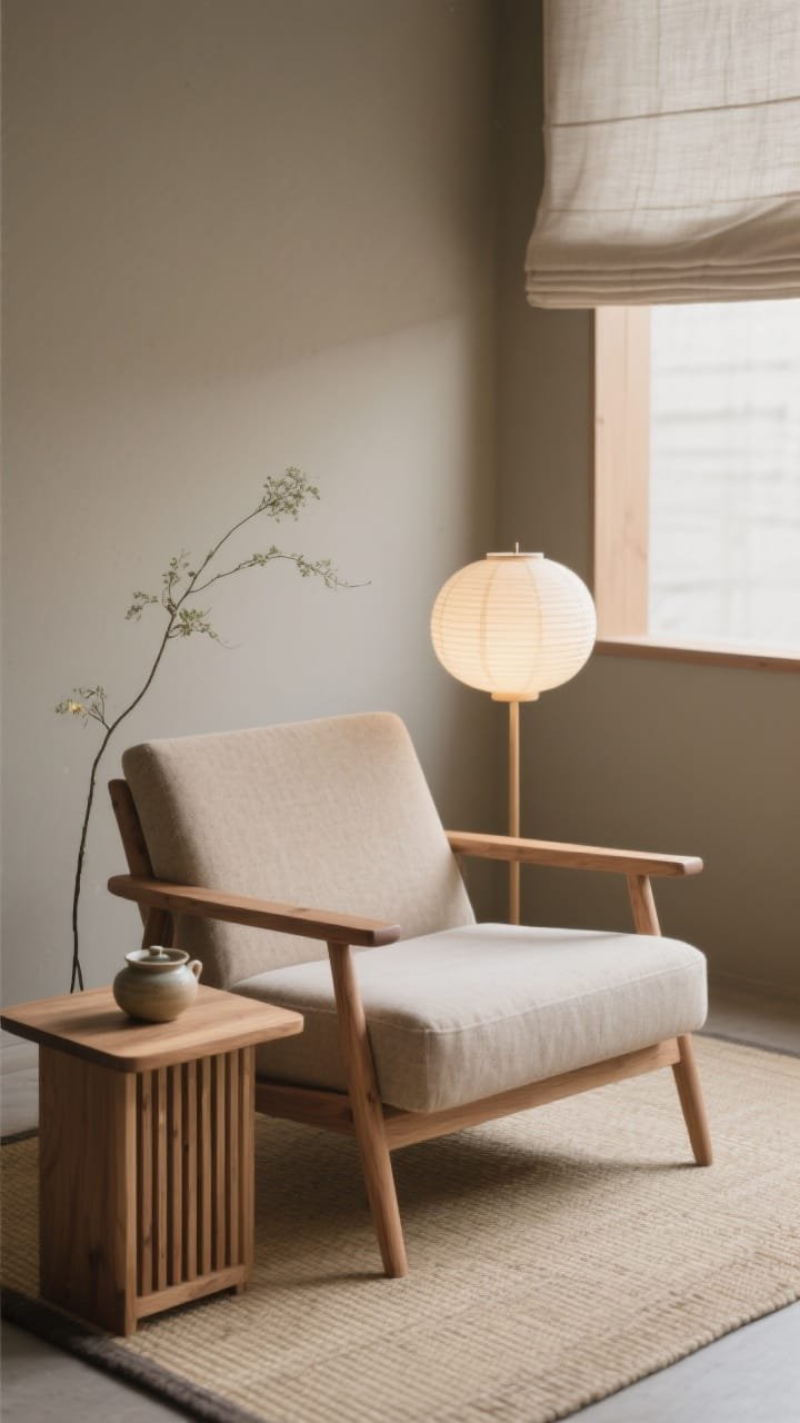 Photorealistic serene Japandi retreat, closeup/medium: low-profile lounge chair with wood arms and sand/stone upholstery; slatted oak side table with a ceramic tea set; paper lantern floor lamp emitting soft, diffused light; flat-weave tatami-style rug underfoot; mushroom-colored walls and a linen roman shade in the background; a single ikebana stem as the only floral; palette sand, oak, soft gray; quiet, intentional mood; close, calm composition with gentle natural light.